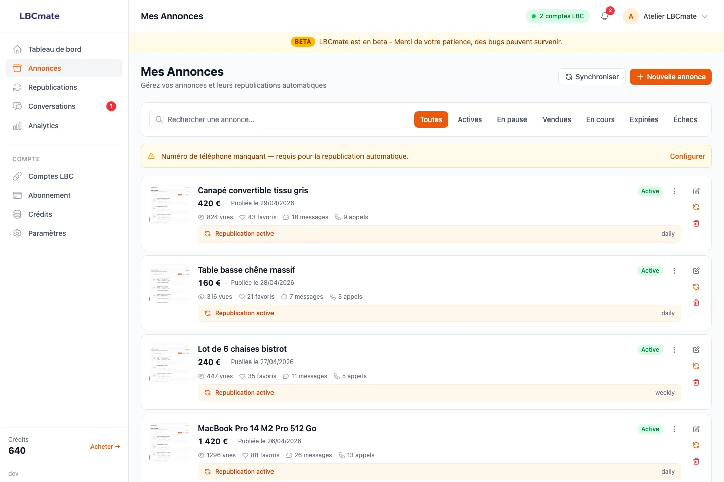 Gestion des annonces dans LBCmate