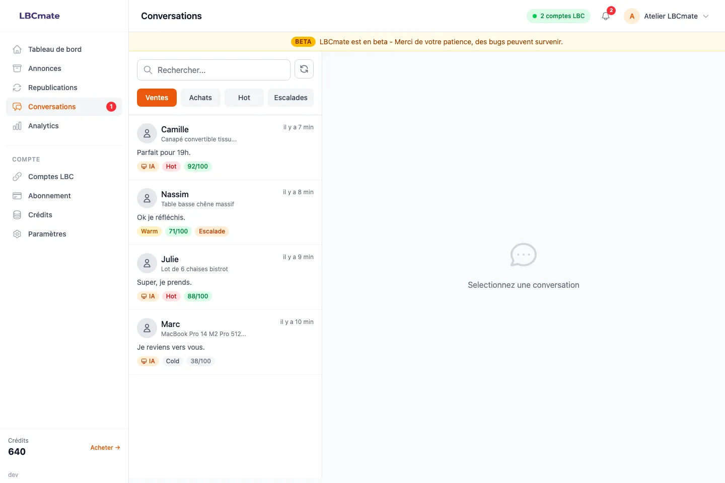 Conversations LeBonCoin avec réponses IA