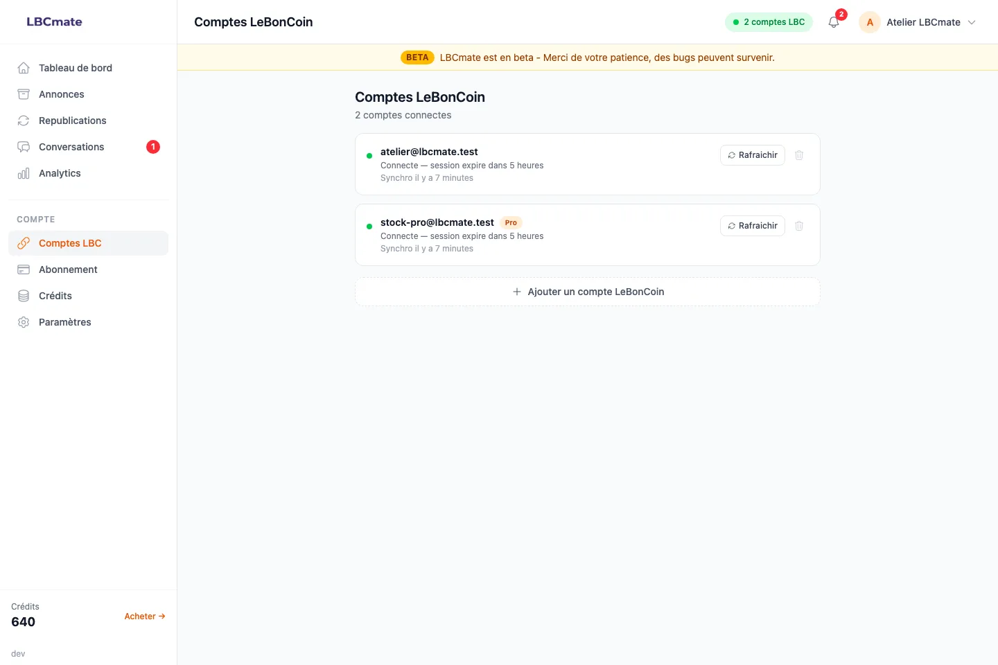 Santé des sessions LeBonCoin dans LBCmate