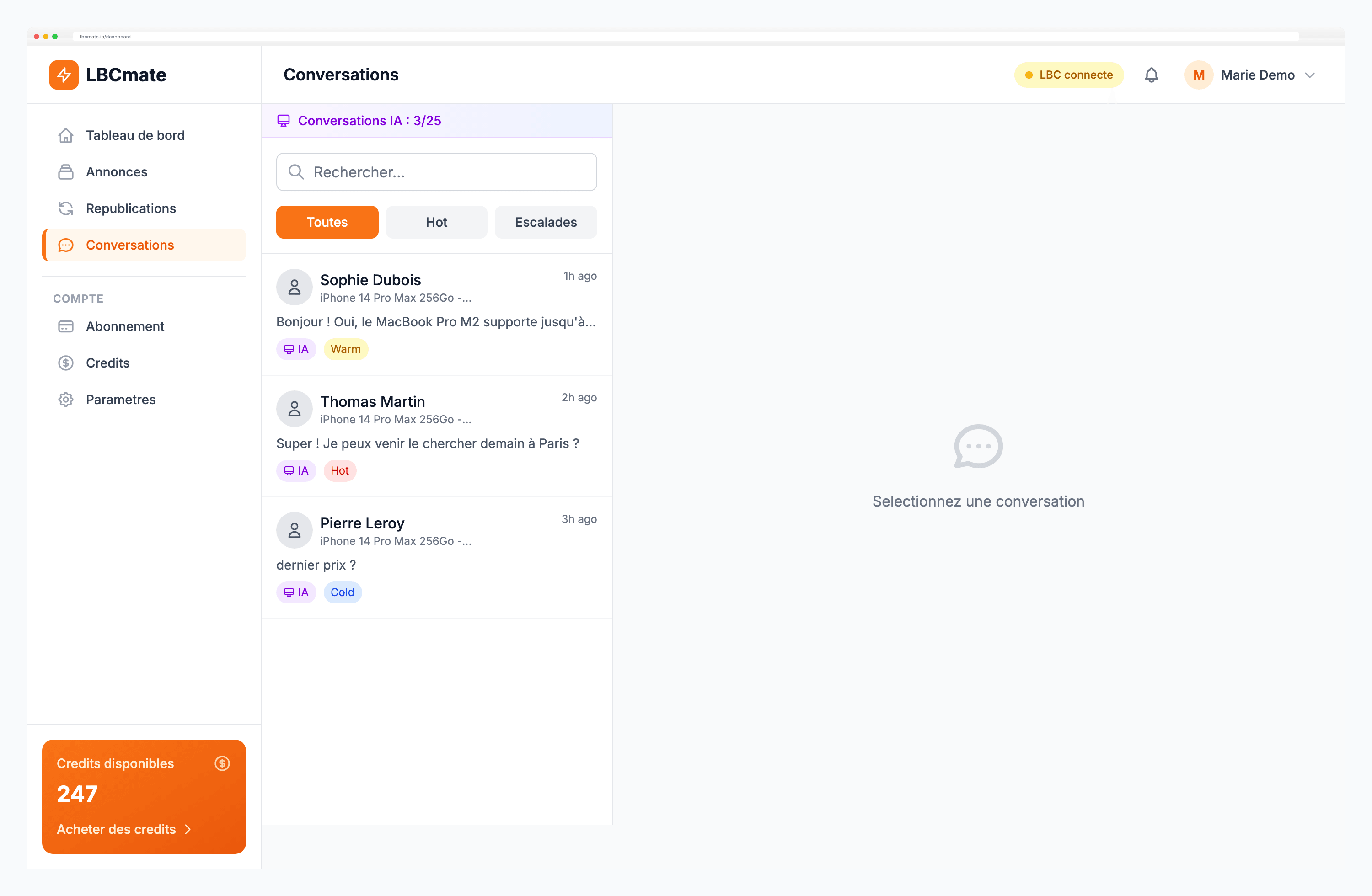 Chat IA - Reponses automatiques aux acheteurs
