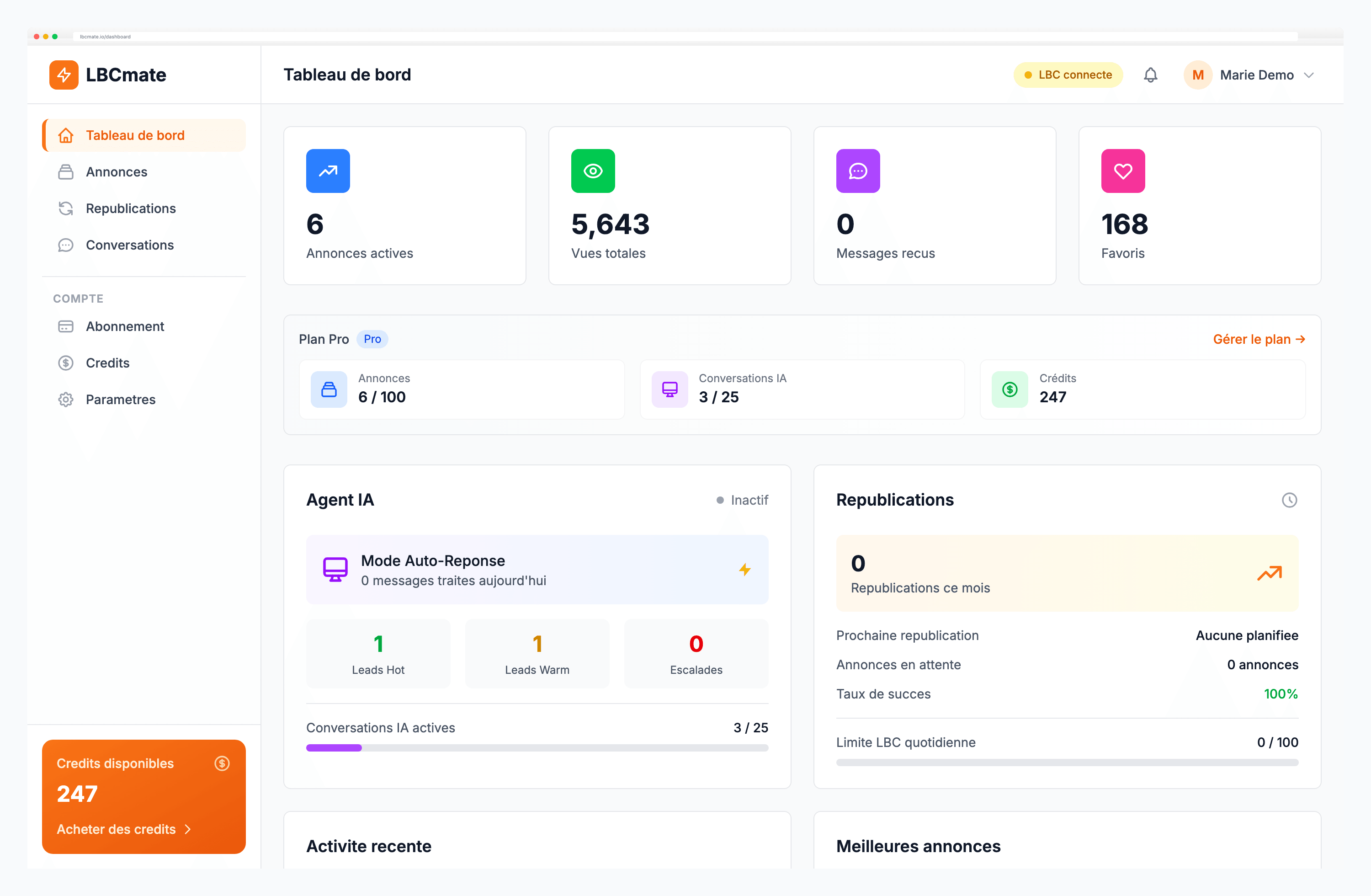 Dashboard LBCmate - Gestion centralisee de vos annonces LeBonCoin